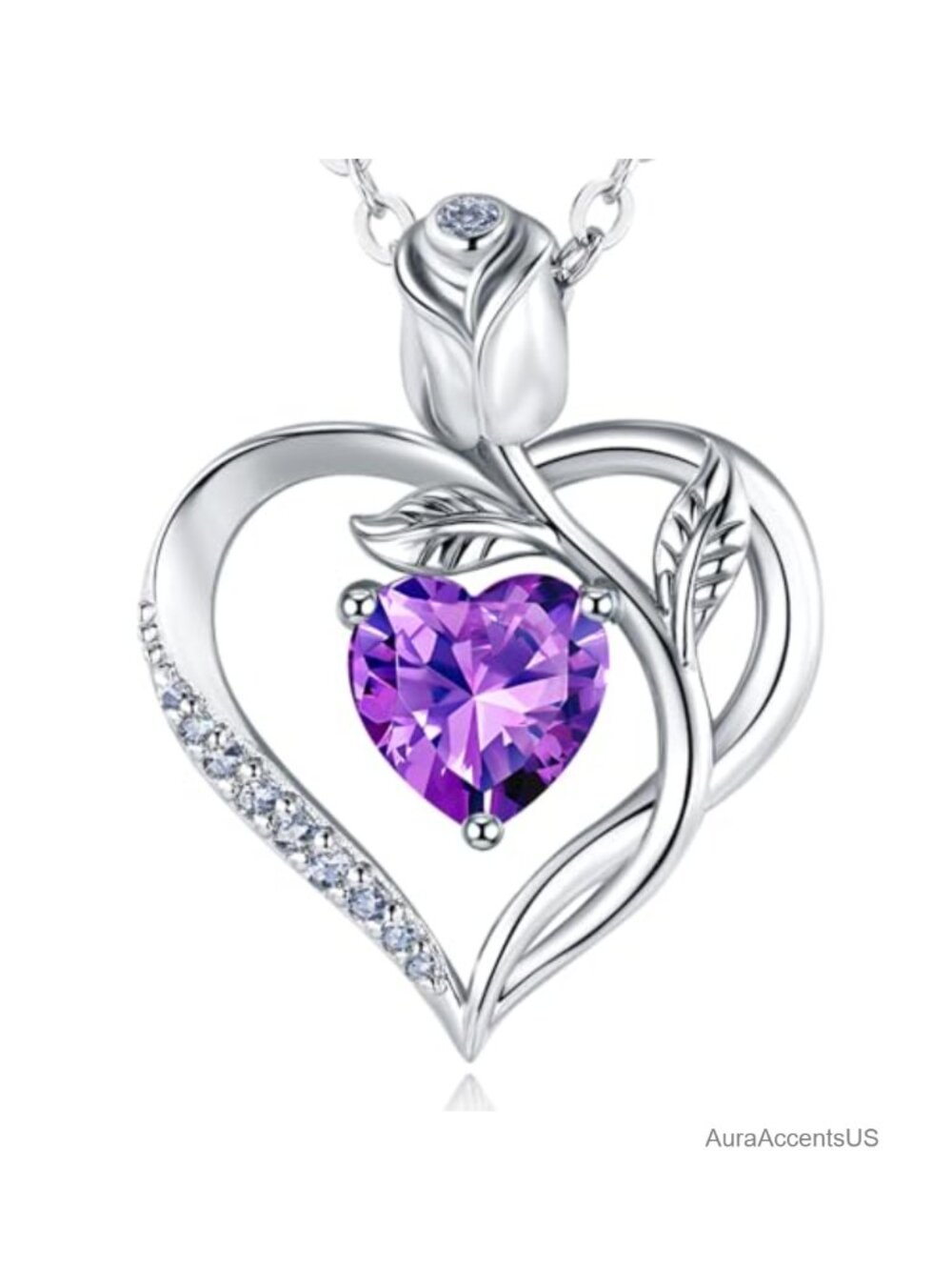 Heart Birthstone Necklace 18K White Gold over S925 Silver Pendant
